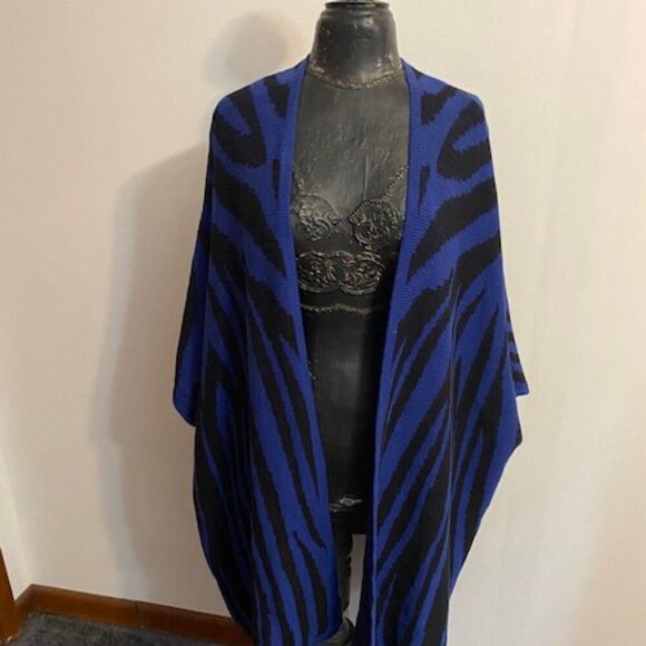 NY Collection Women's Blue/Black Zebra print Knit Poncho open Cardigan, size 2X - Picture 1 of 4